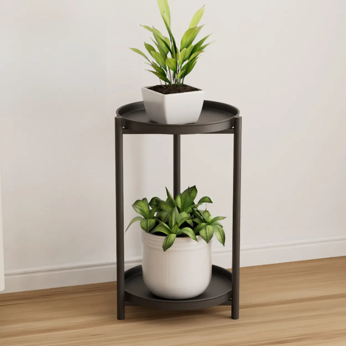 Simple 2-Tiers Round Floor Metal Base Plant Stand Black Image - 17