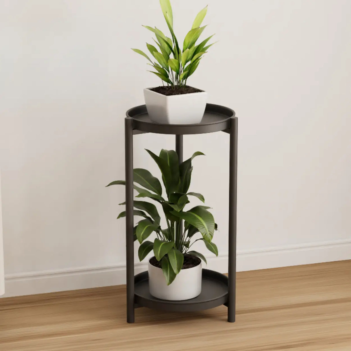 Simple 2-Tiers Round Floor Metal Base Plant Stand Black Image - 9