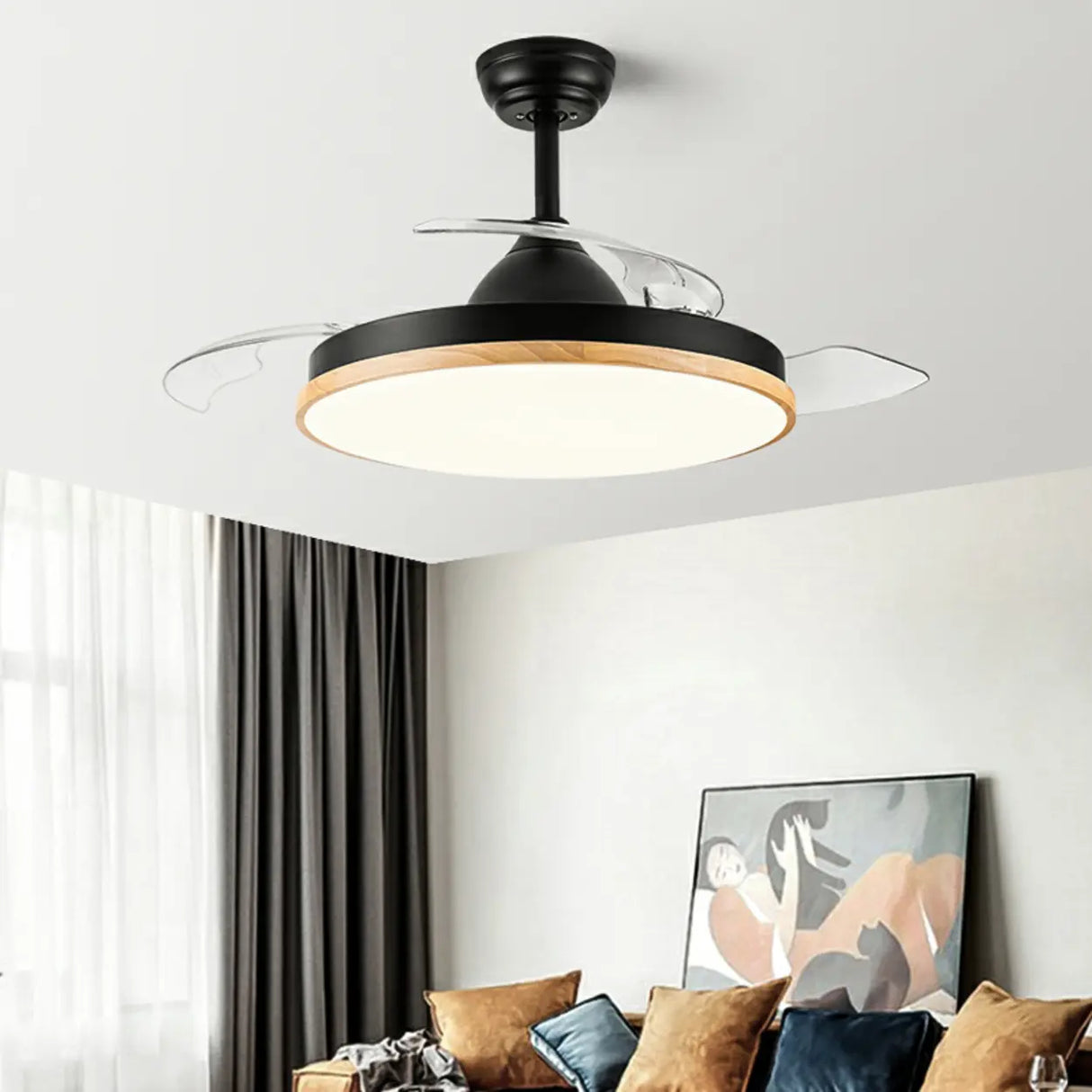 Simple 3 Blades Round Wood Decor Ceiling Fan Light Image - 2