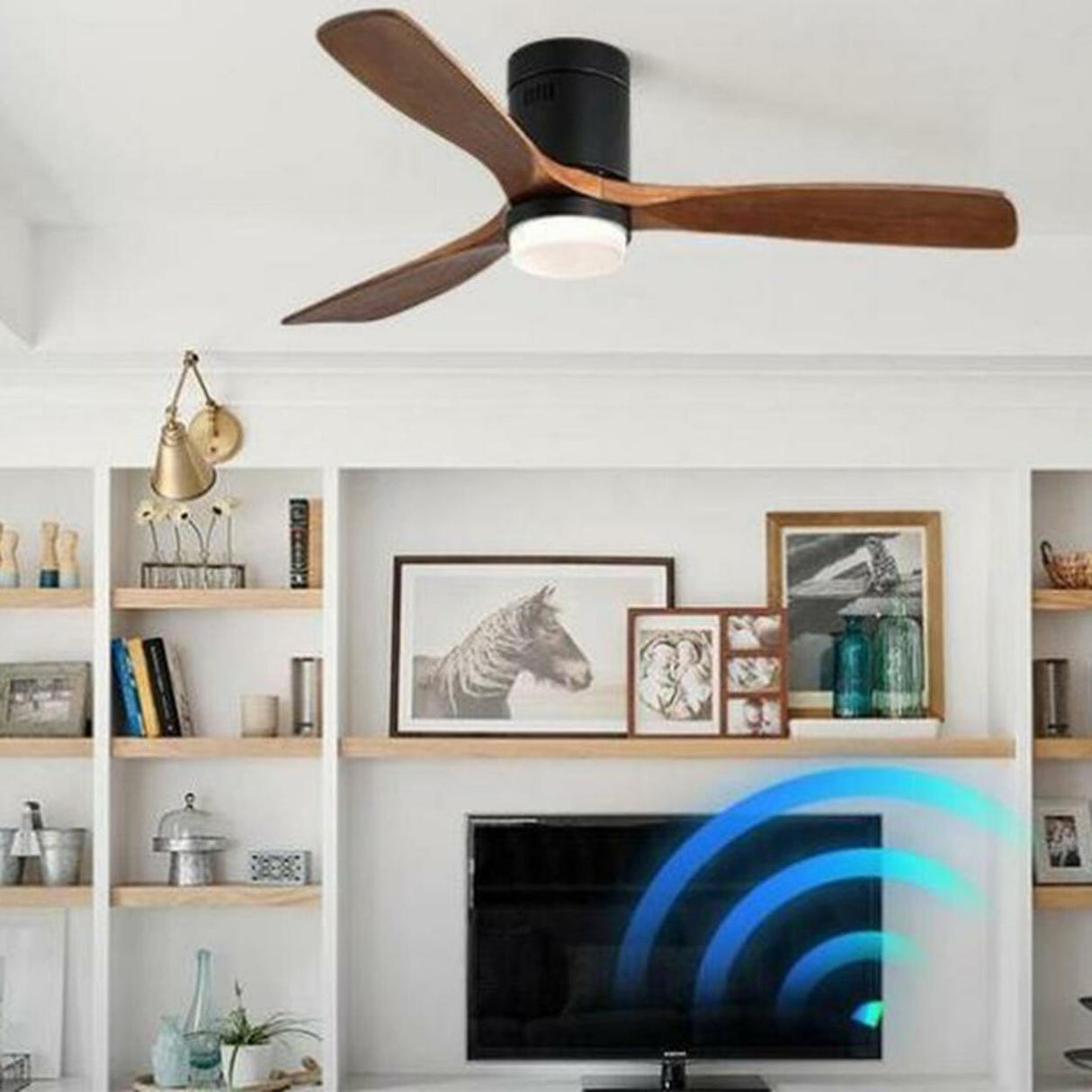 Simple 3 Wood Blade Flush Remote Ceiling Fan Light Image - 3