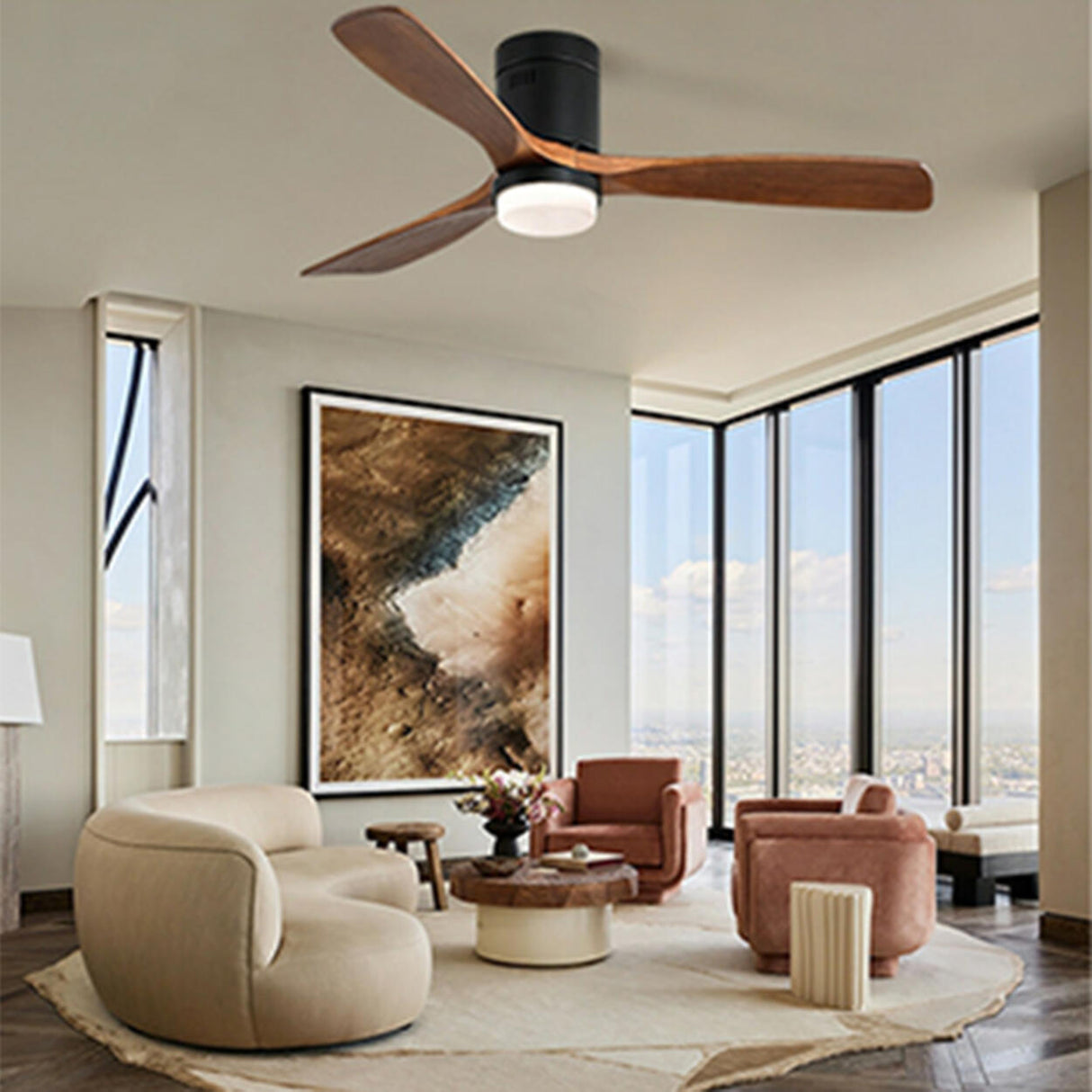 Simple 3 Wood Blade Flush Remote Ceiling Fan Light Image - 4