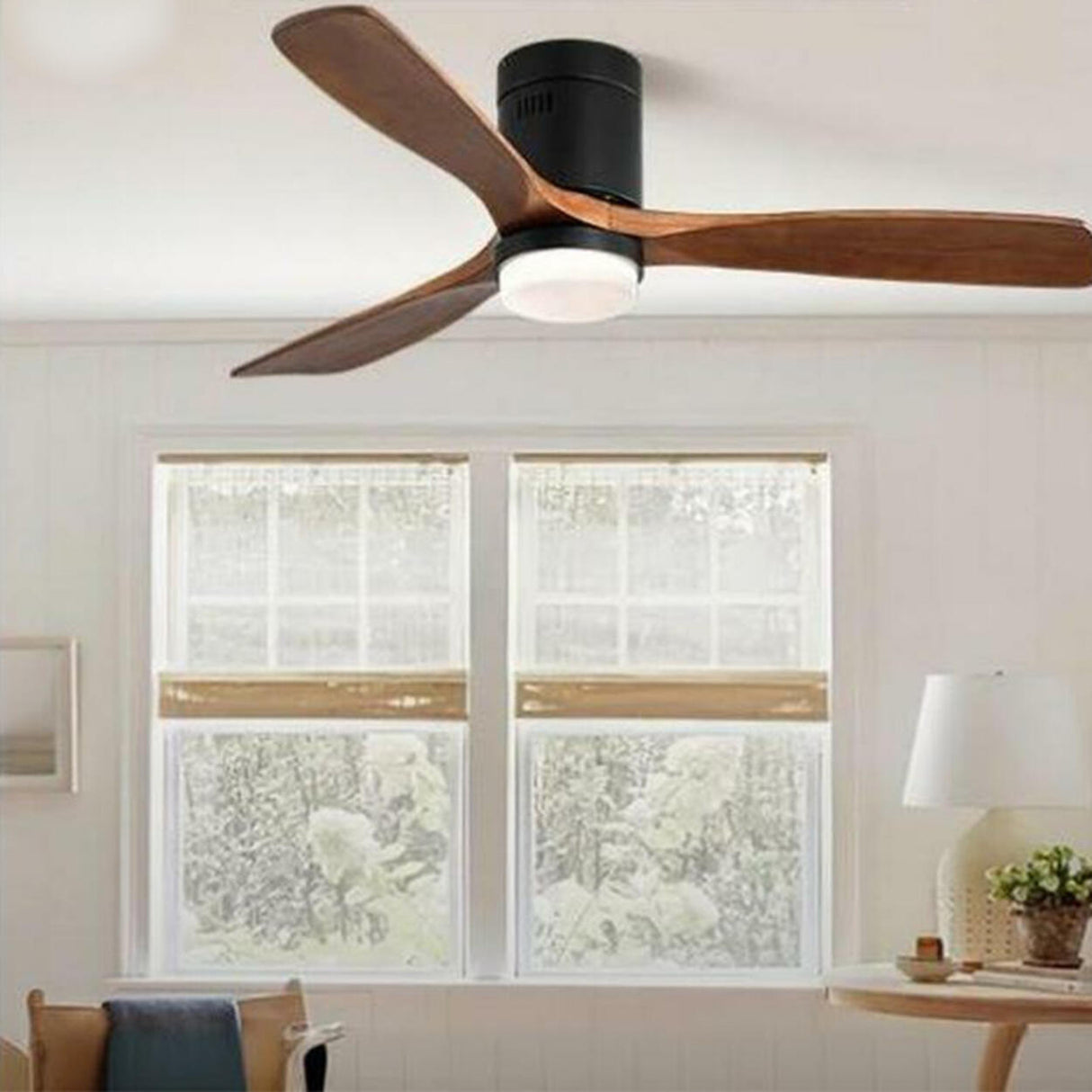 Simple 3 Wood Blade Flush Remote Ceiling Fan Light Image - 5