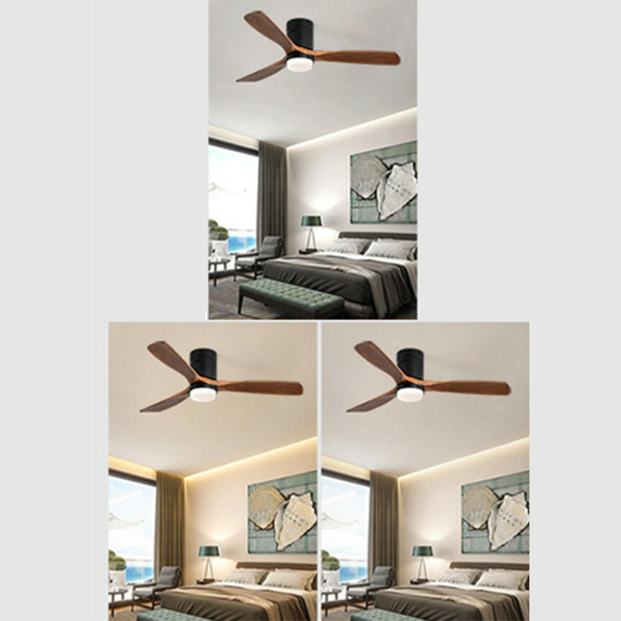 Simple 3 Wood Blade Flush Remote Ceiling Fan Light Image - 7