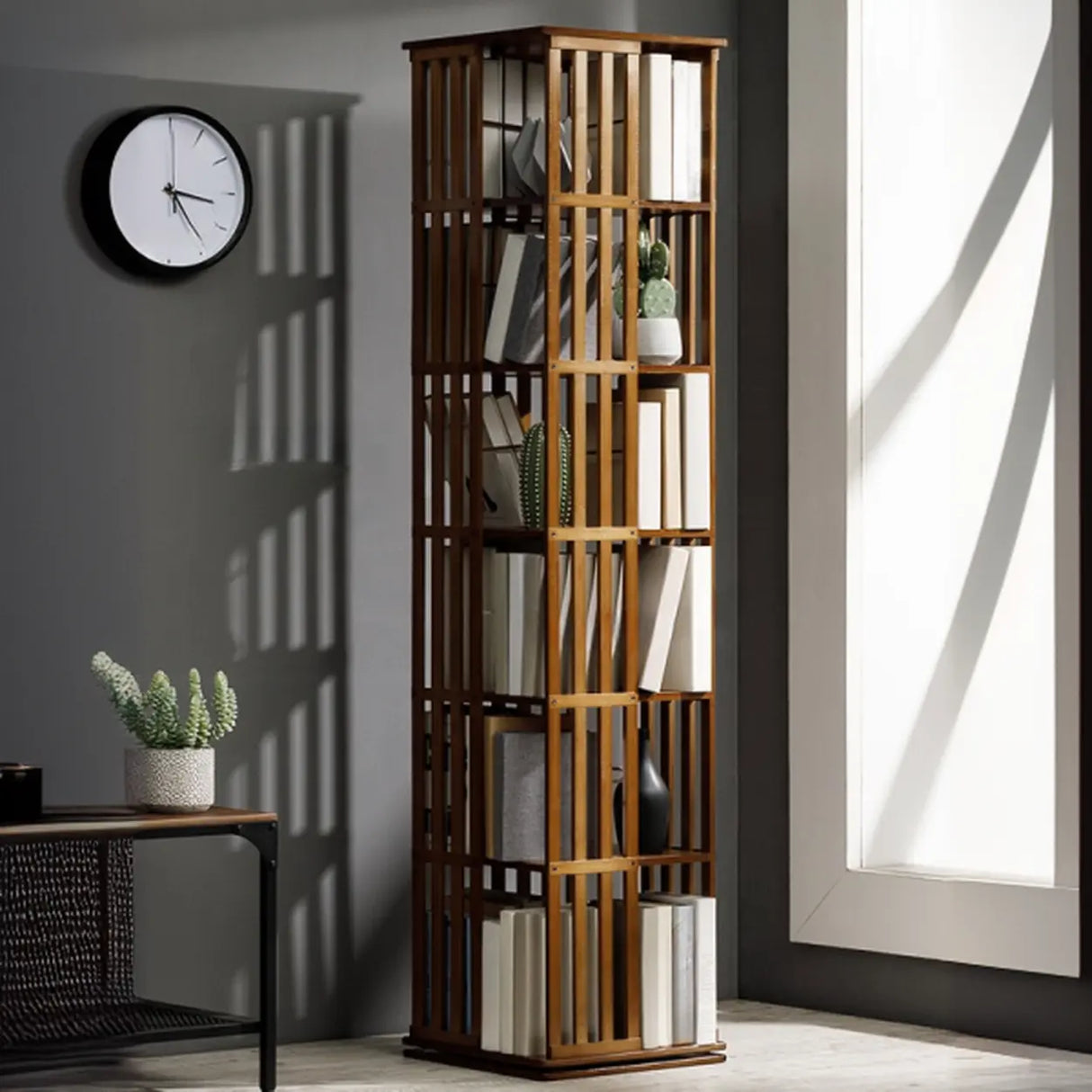 Simple 6-Tiers Rectangular Open Bamboo Narrow Bookcase Image - 1
