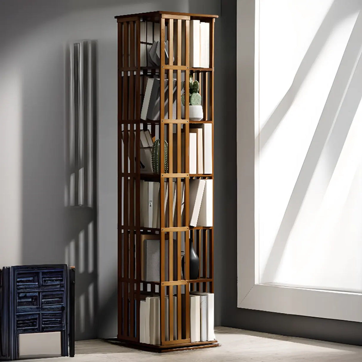 Simple 6-Tiers Rectangular Open Bamboo Narrow Bookcase Image - 2