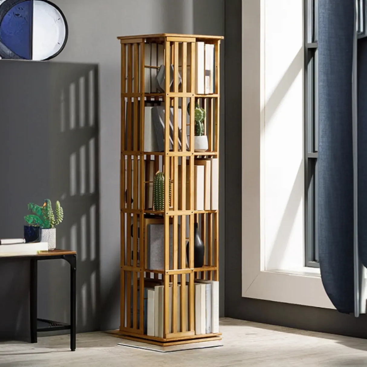 Simple 6-Tiers Rectangular Open Bamboo Narrow Bookcase Image - 3
