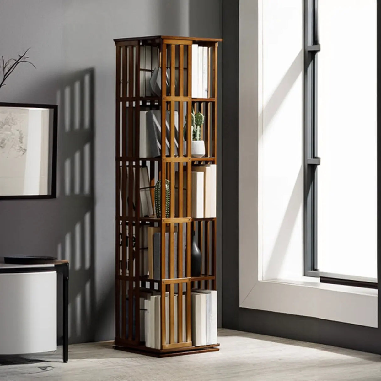 Simple 6-Tiers Rectangular Open Bamboo Narrow Bookcase Image - 4