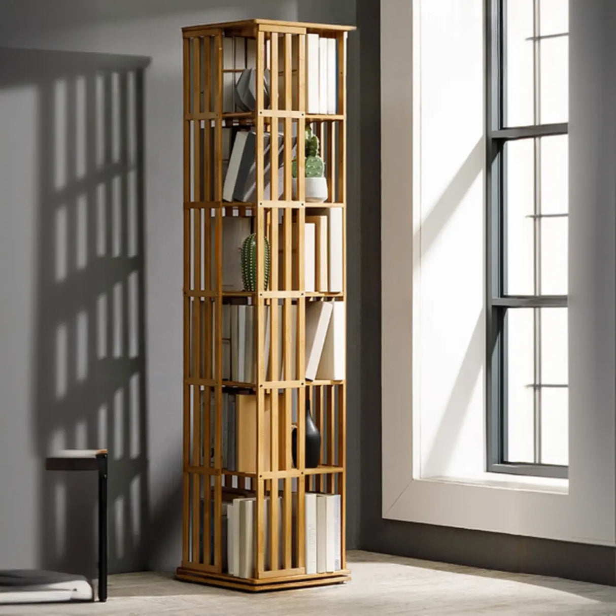 Simple 6-Tiers Rectangular Open Bamboo Narrow Bookcase Image - 5