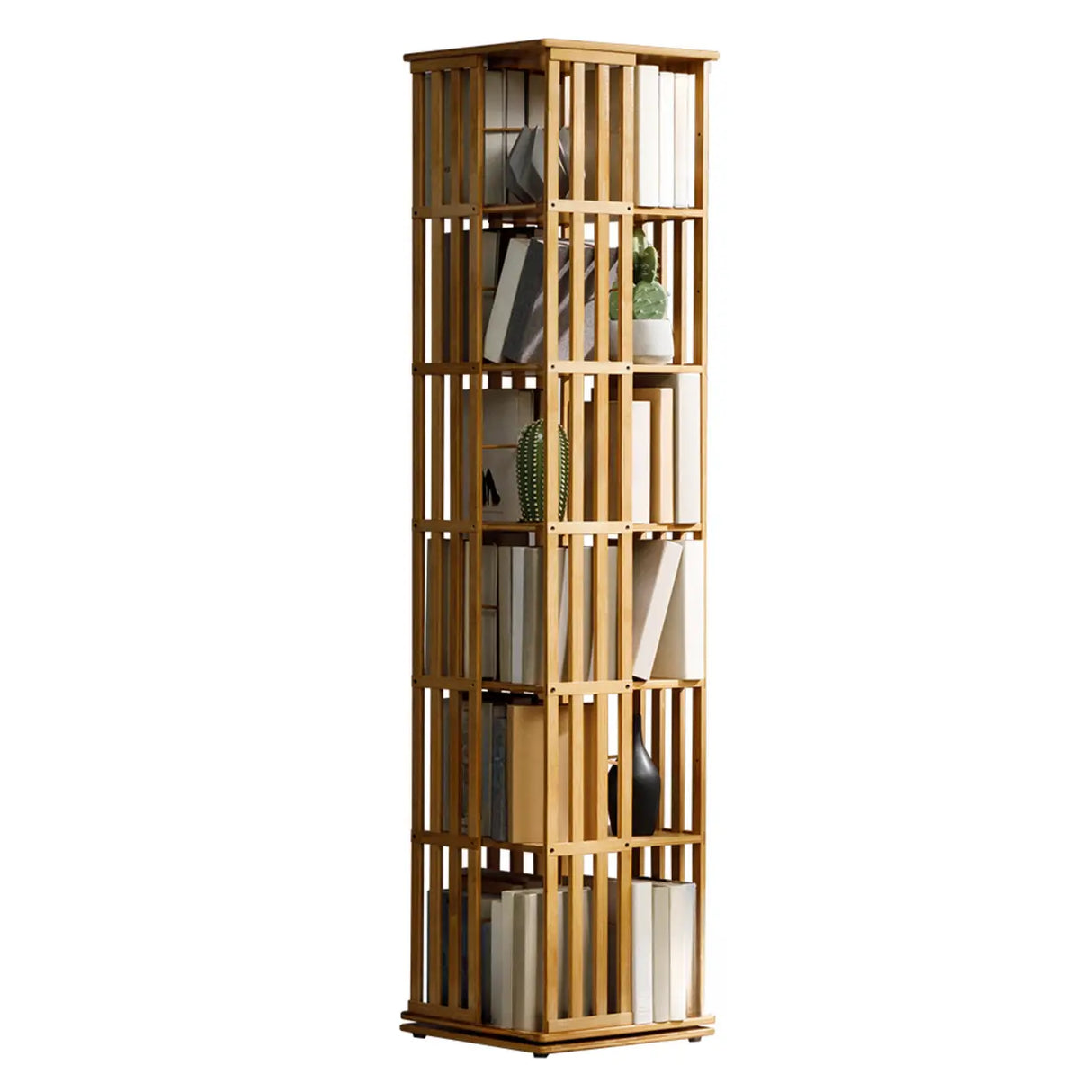 Simple 6-Tiers Rectangular Open Bamboo Narrow Bookcase Image - 6