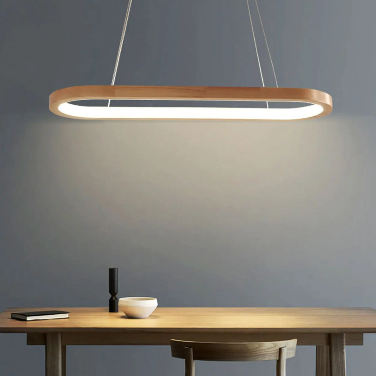 Simple Adjustable Wooden Oval Island LED Pendant Light Image - 2