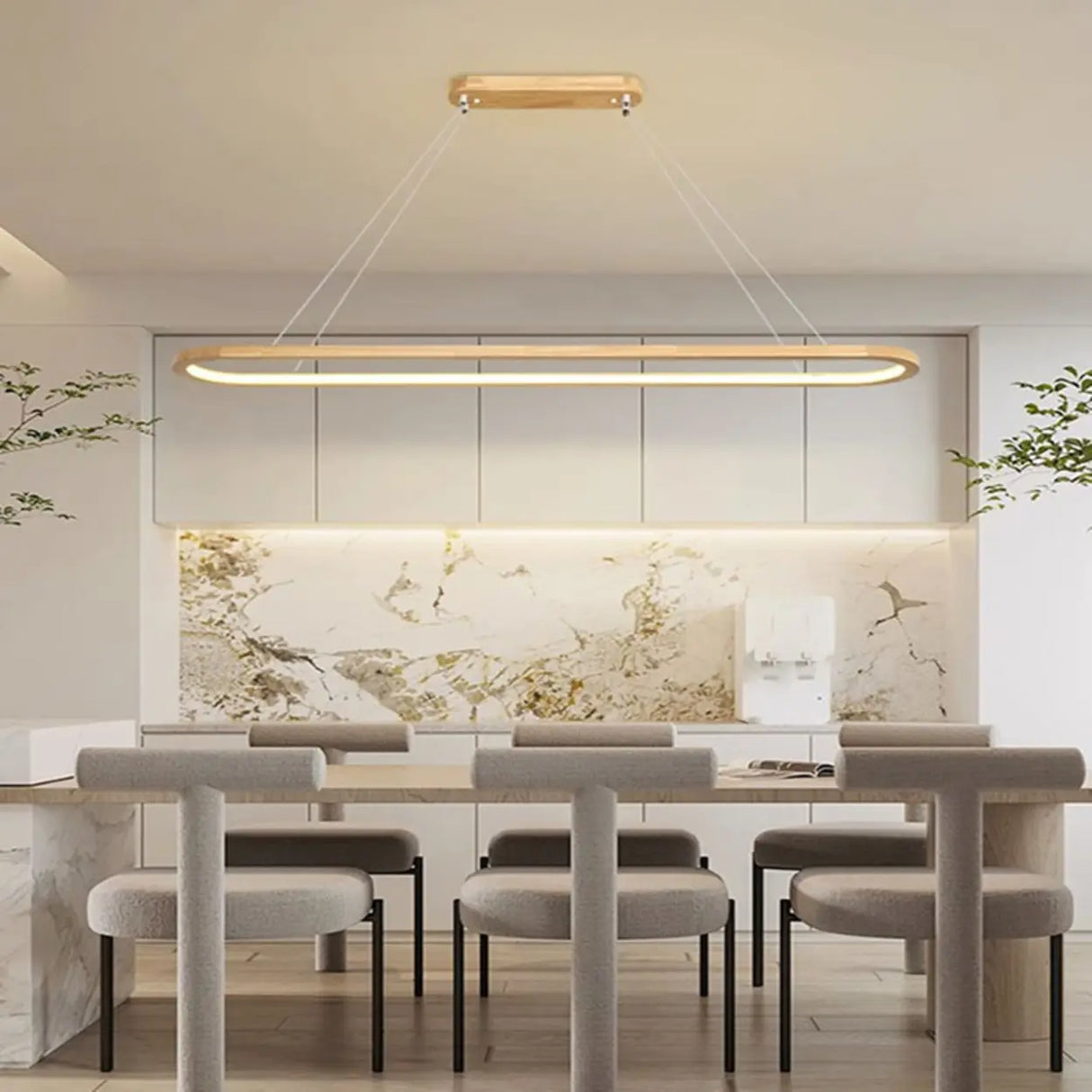 Simple Adjustable Wooden Oval Island LED Pendant Light Image - 3