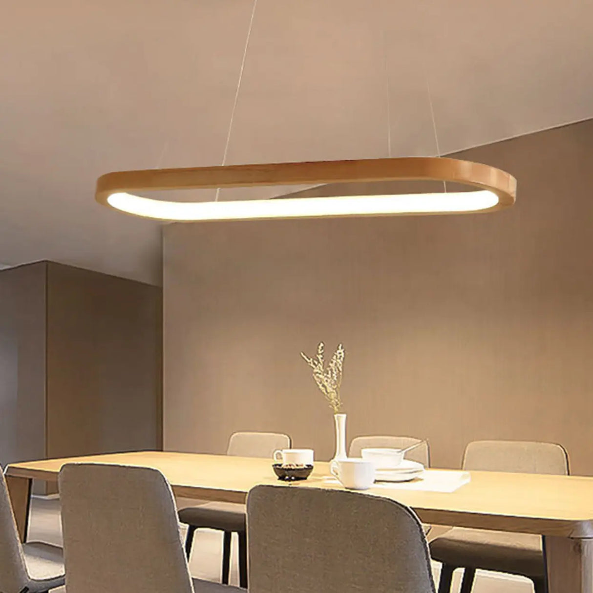 Simple Adjustable Wooden Oval Island LED Pendant Light Image - 4