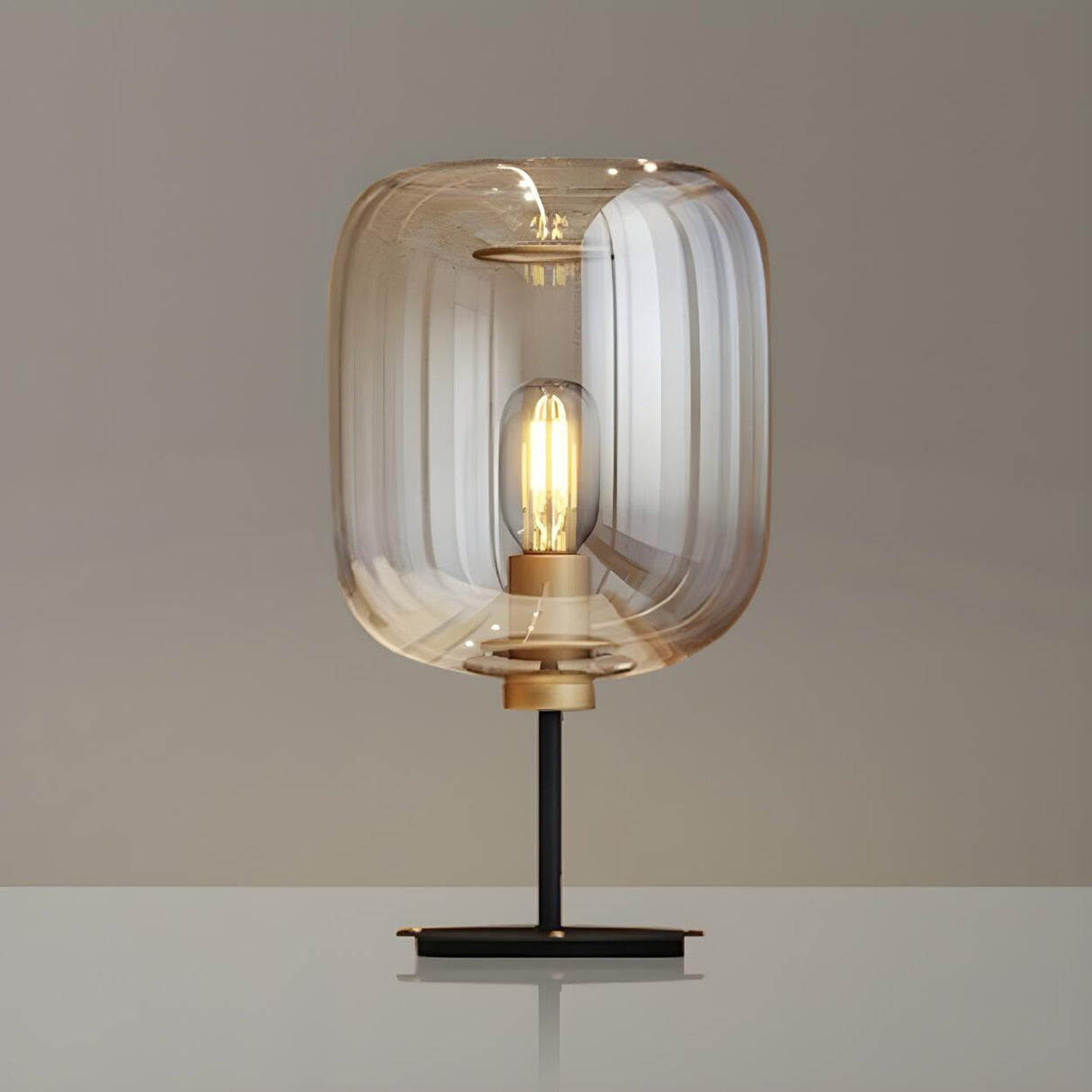 Simple Amber Drum Glass Shade Black Base Table Lamp Image - 6