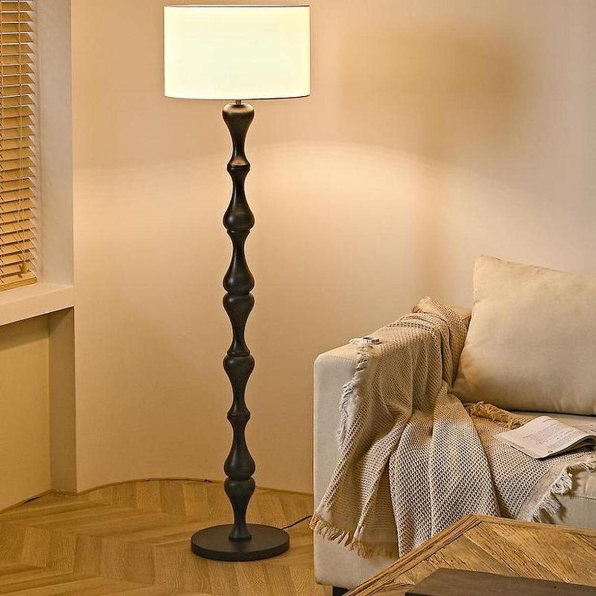 Simple Barrel Black Wooden LED Norden Floor Lamp Image - 1