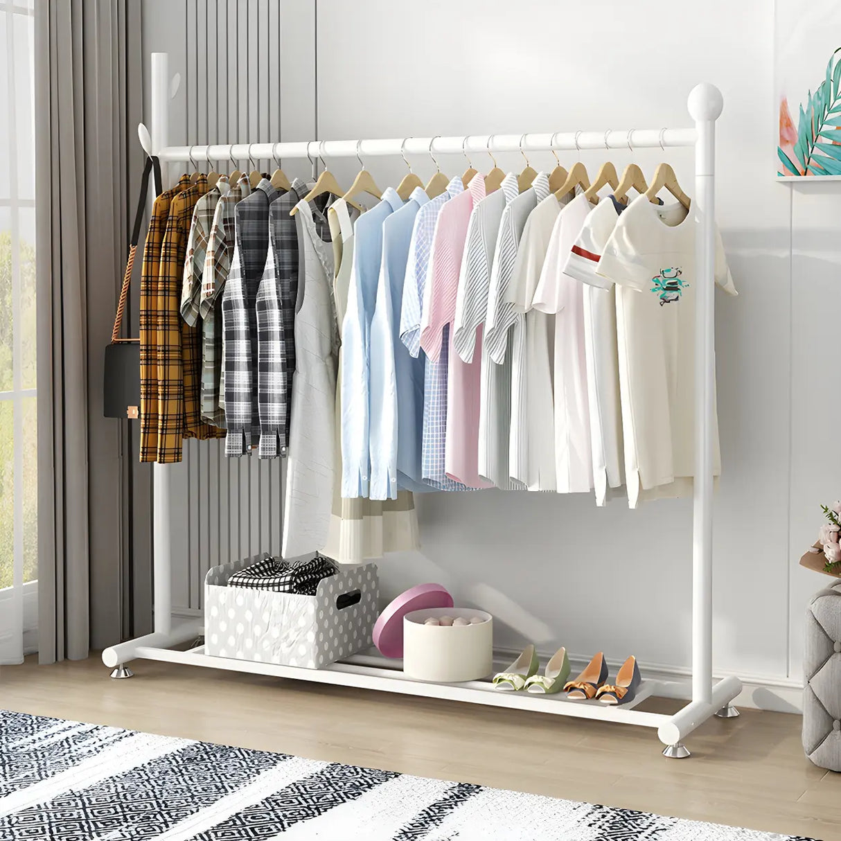 Simple Black Metal Garment Coat Rack with Hooks and Shelf Image - 2