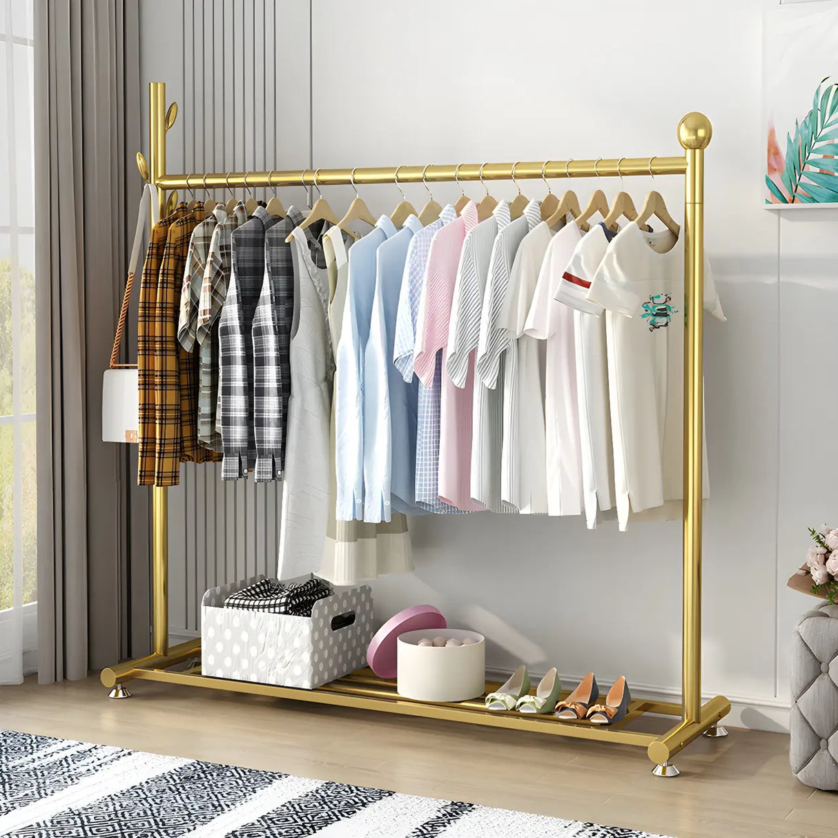 Simple Black Metal Garment Coat Rack with Hooks and Shelf Image - 3