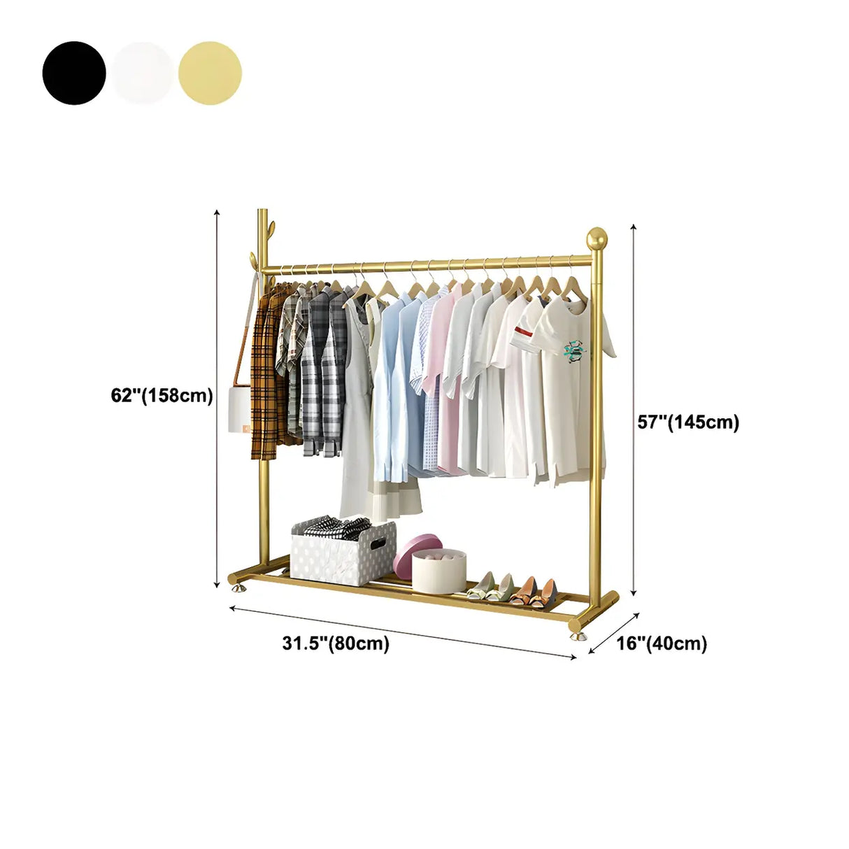 Simple Black Metal Garment Coat Rack with Hooks and Shelf