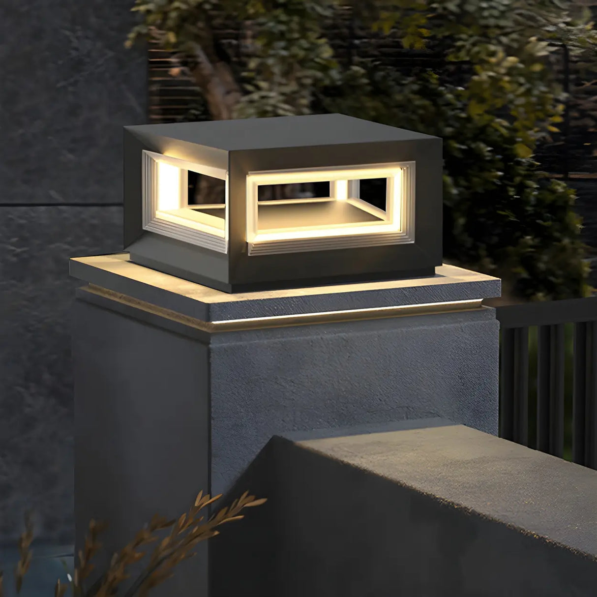 Simple Black Rectangular Metal Frame Post Outdoor Lamp Image - 1