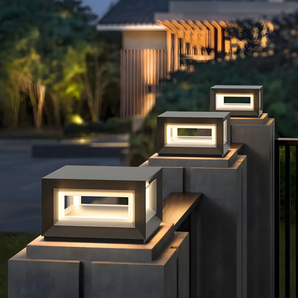 Simple Black Rectangular Metal Frame Post Outdoor Lamp Image - 14