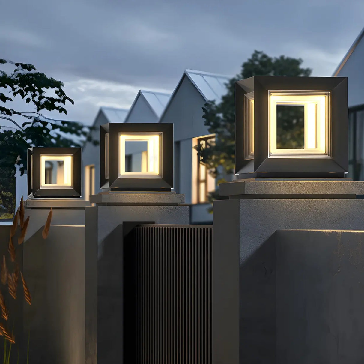 Simple Black Rectangular Metal Frame Post Outdoor Lamp Image - 17