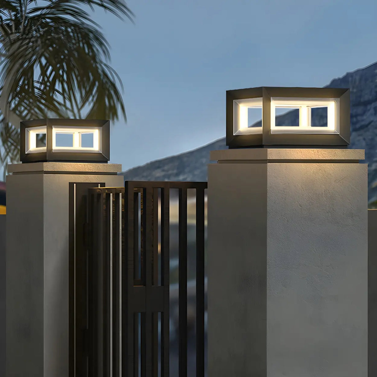 Simple Black Rectangular Metal Frame Post Outdoor Lamp Image - 5