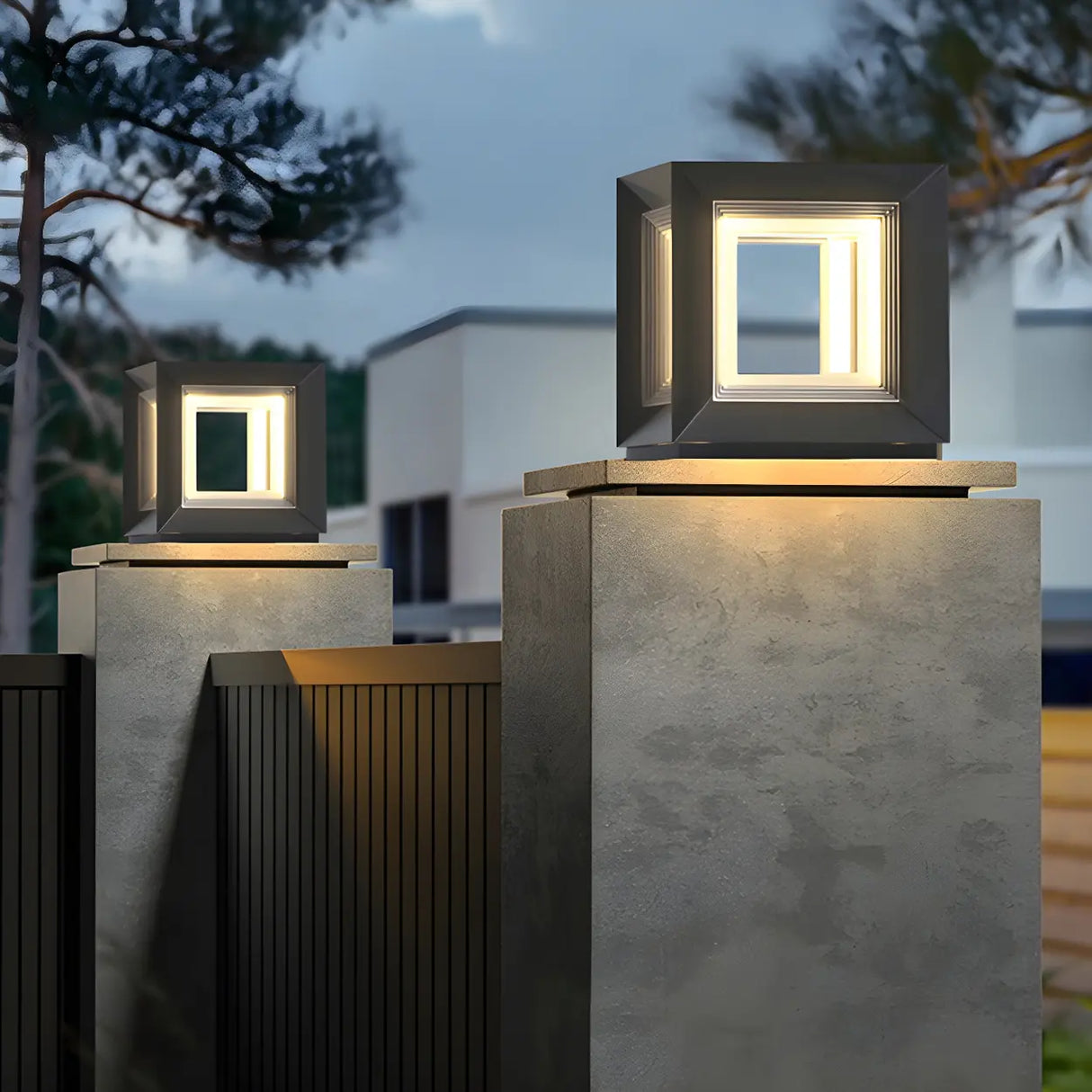 Simple Black Rectangular Metal Frame Post Outdoor Lamp Image - 6