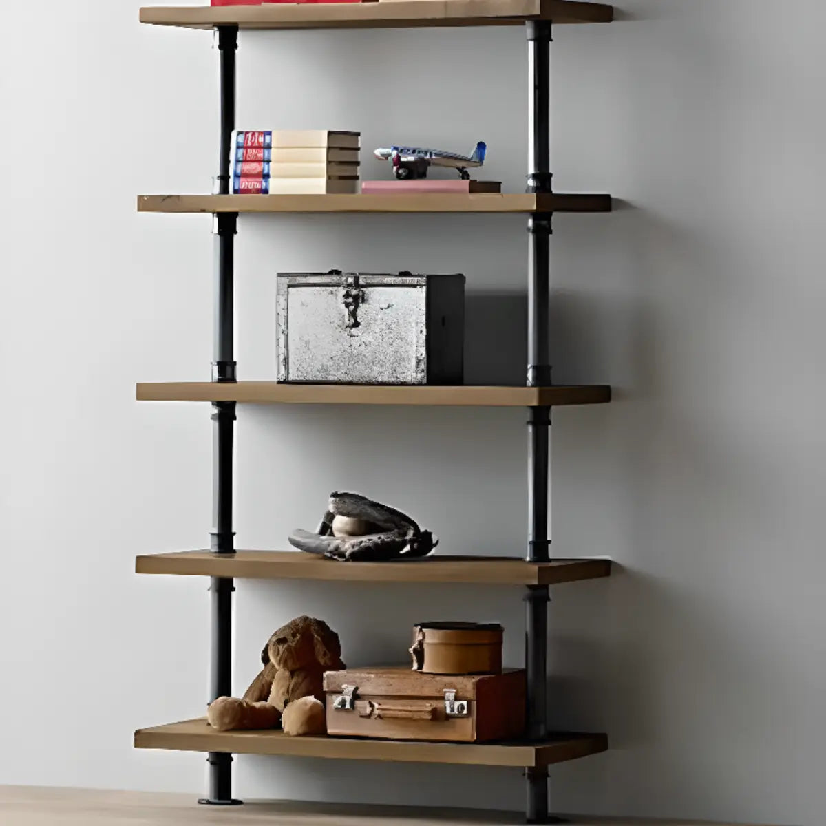 Simple Black Vertical Open Metal Frame Ladder Bookcase Image - 6