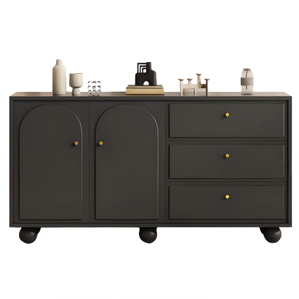 Simple Black Wood Drawers and Shelves Buffet with Storage Image - 3