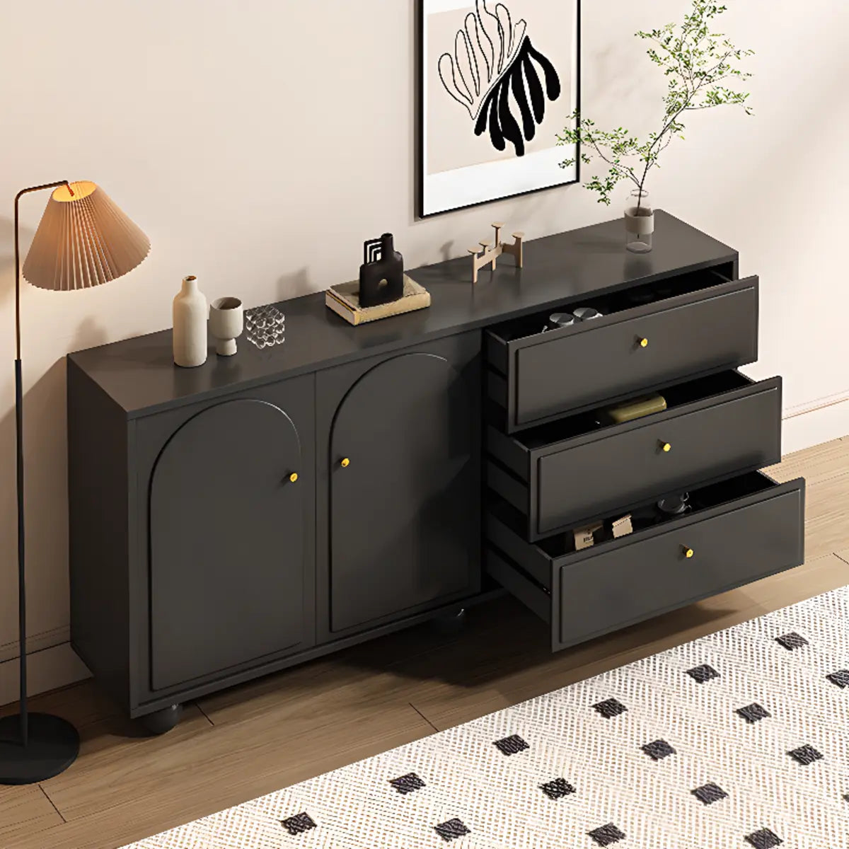 Simple Black Wood Drawers and Shelves Buffet with Storage Image - 4
