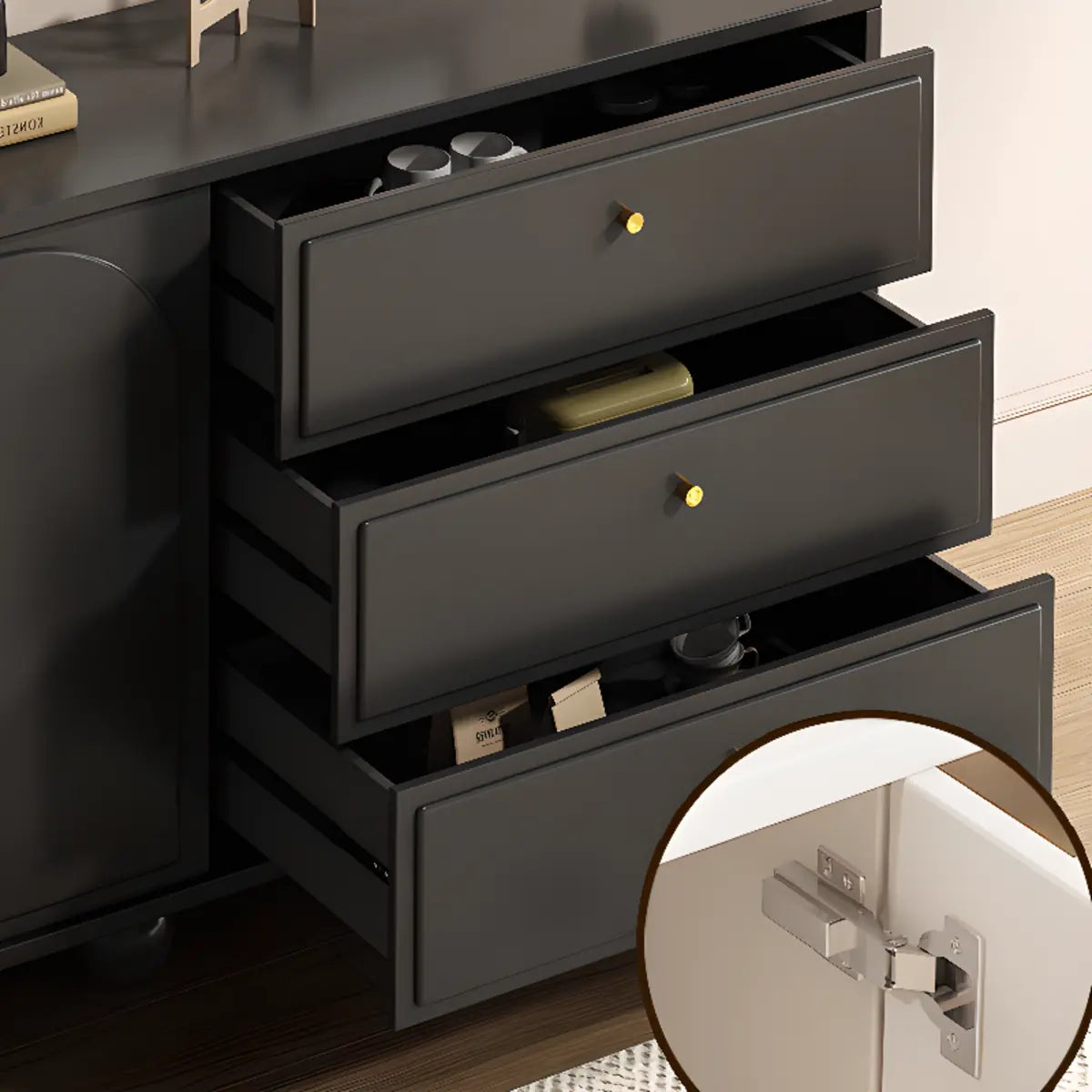 Simple Black Wood Drawers and Shelves Buffet with Storage Image - 6