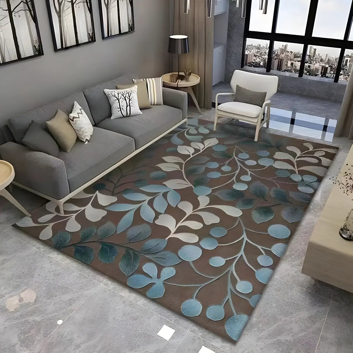 Simple Blue Leaf Pattern Rectangle Polyester Area Rug Image - 1