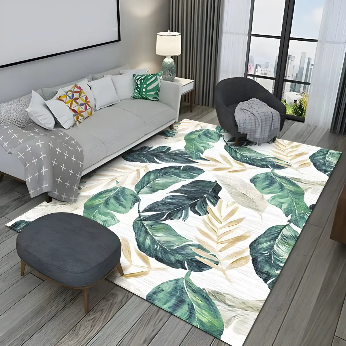 Simple Blue Leaf Pattern Rectangle Polyester Area Rug Image - 2