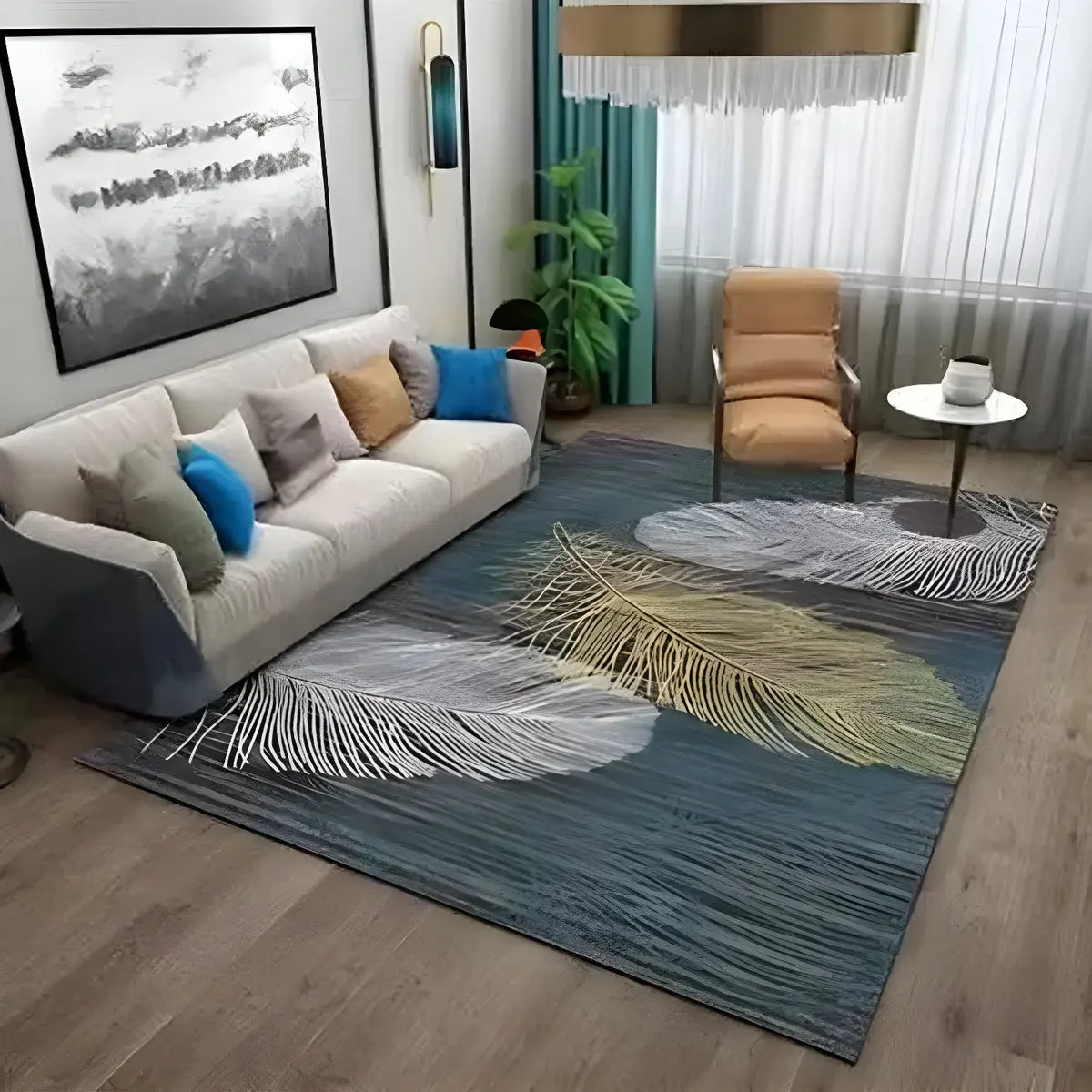 Simple Blue Leaf Pattern Rectangle Polyester Area Rug Image - 3