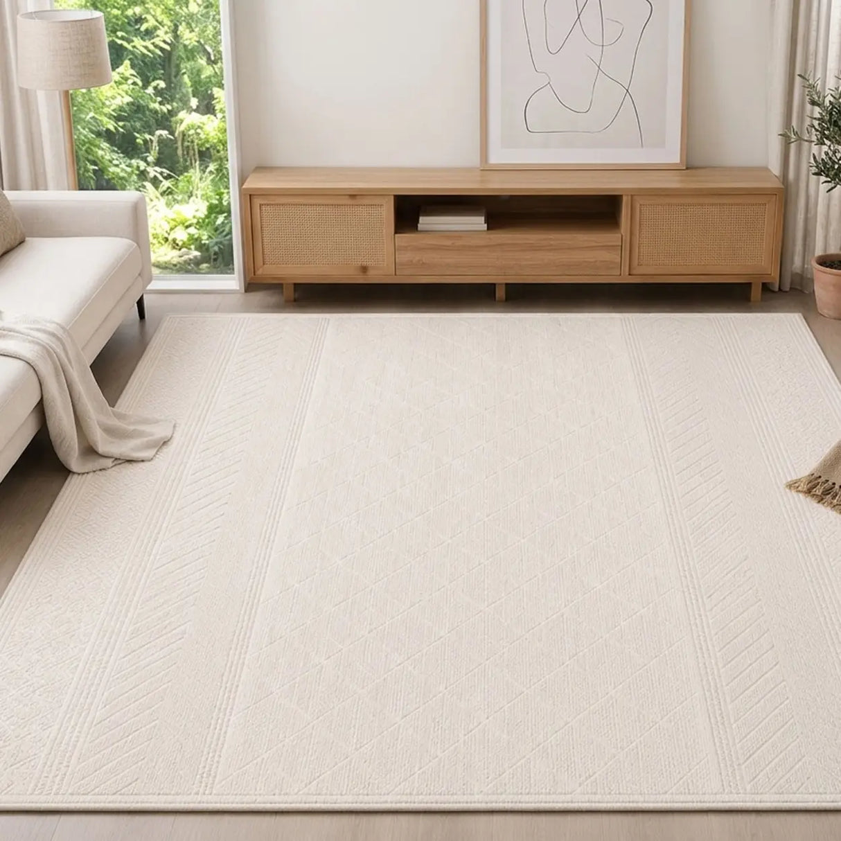 Simple Bohemian Beige Rectangle Anti-Slip Area Rug Image - 1