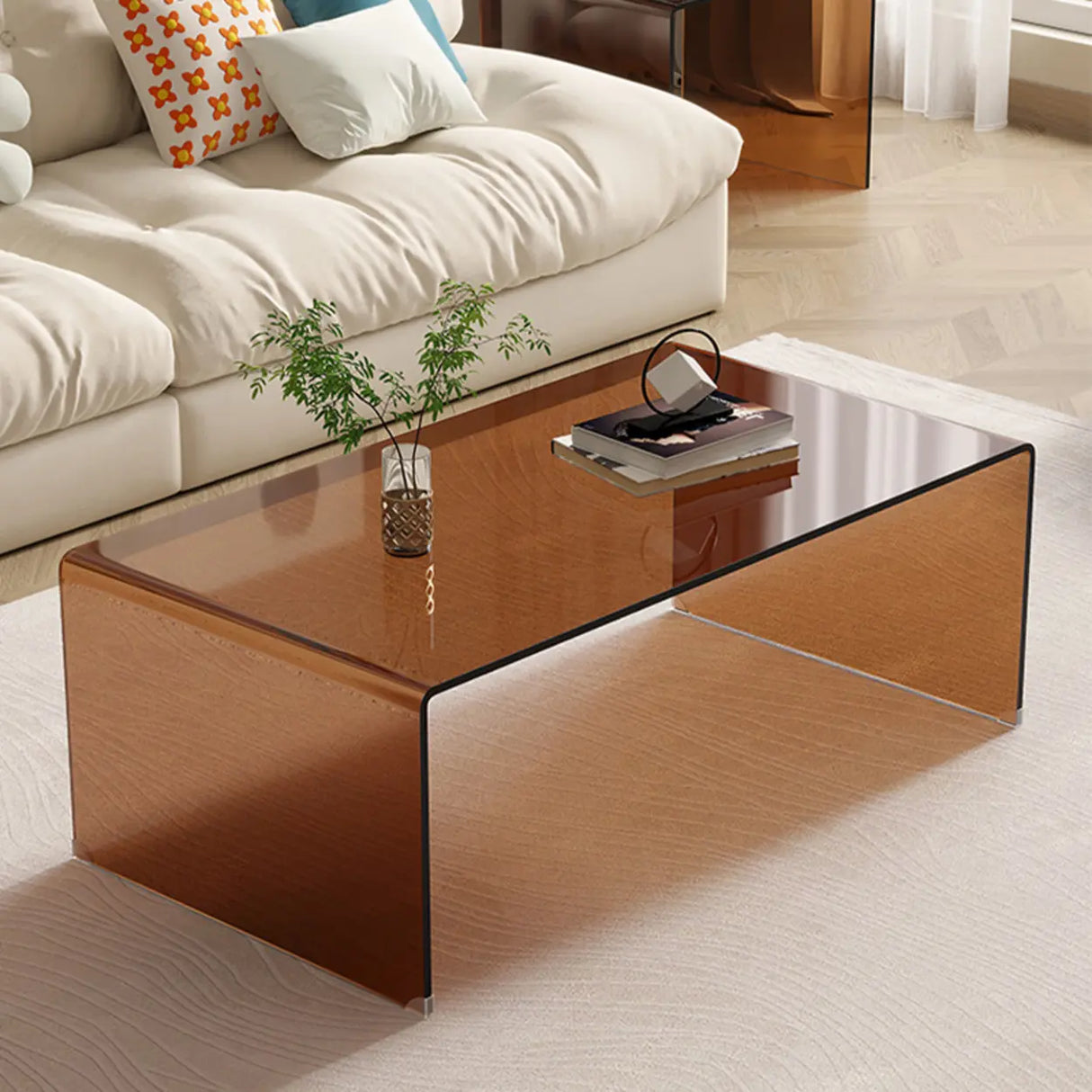 Simple Brown Glass Rectangular Sledge Coffee Table Image - 1