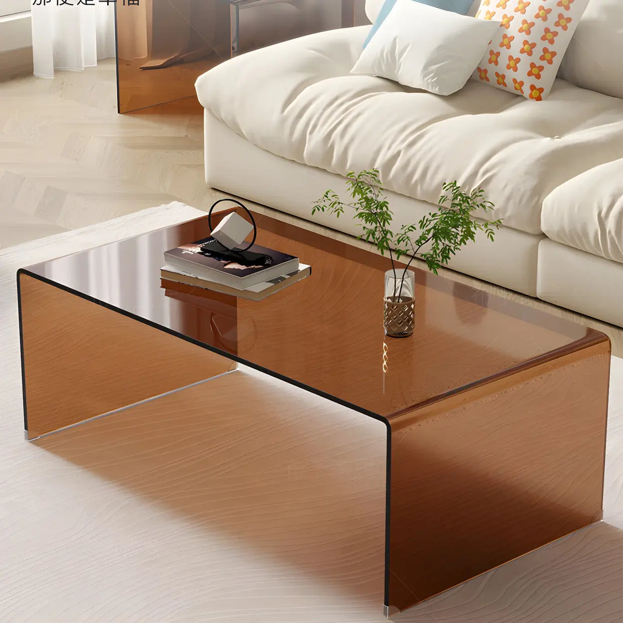 Simple Brown Glass Rectangular Sledge Coffee Table Image - 2