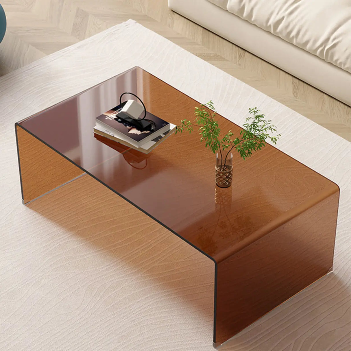 Simple Brown Glass Rectangular Sledge Coffee Table Image - 4