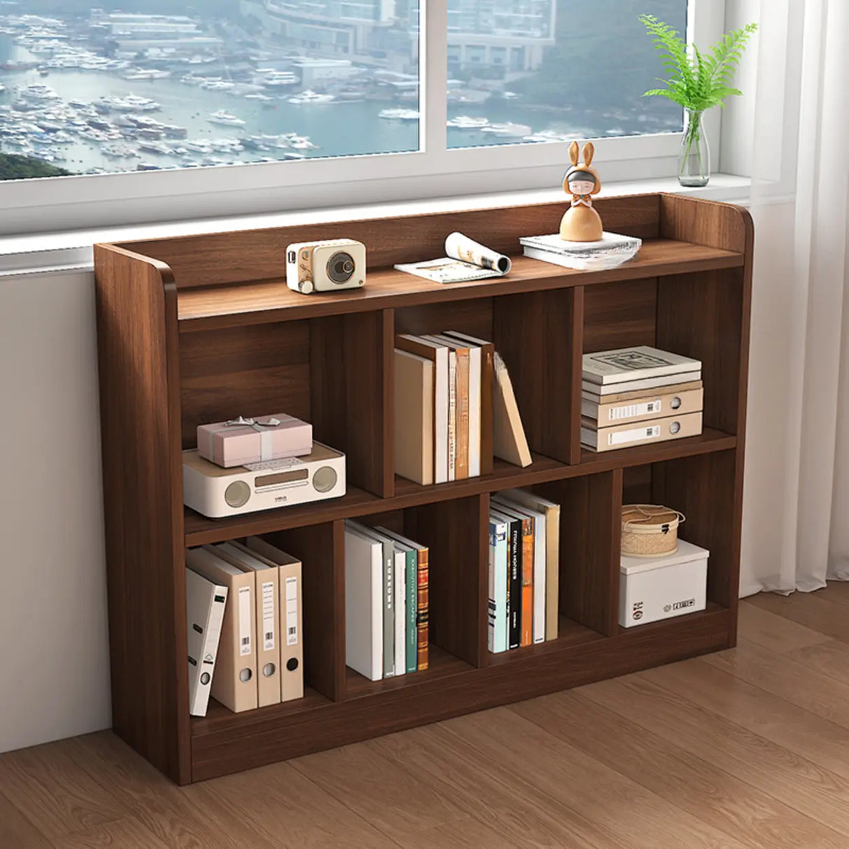 Simple Brown Horizontal Wood Organizing Short Bookcase Image - 1