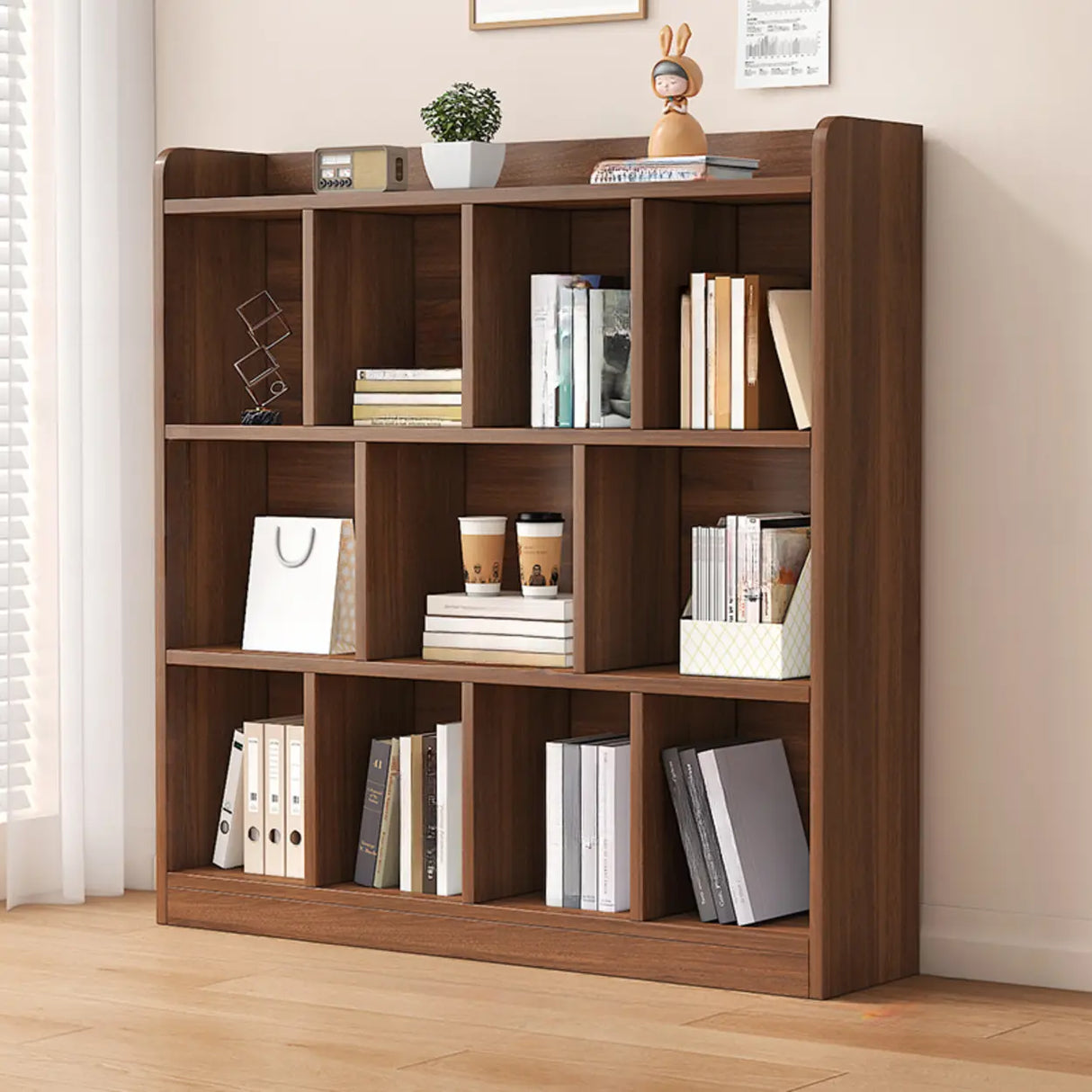 Simple Brown Horizontal Wood Organizing Short Bookcase Image - 2