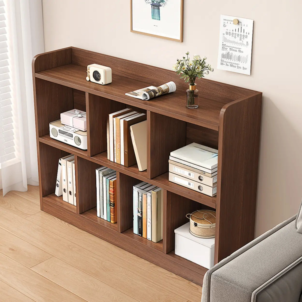Simple Brown Horizontal Wood Organizing Short Bookcase Image - 4