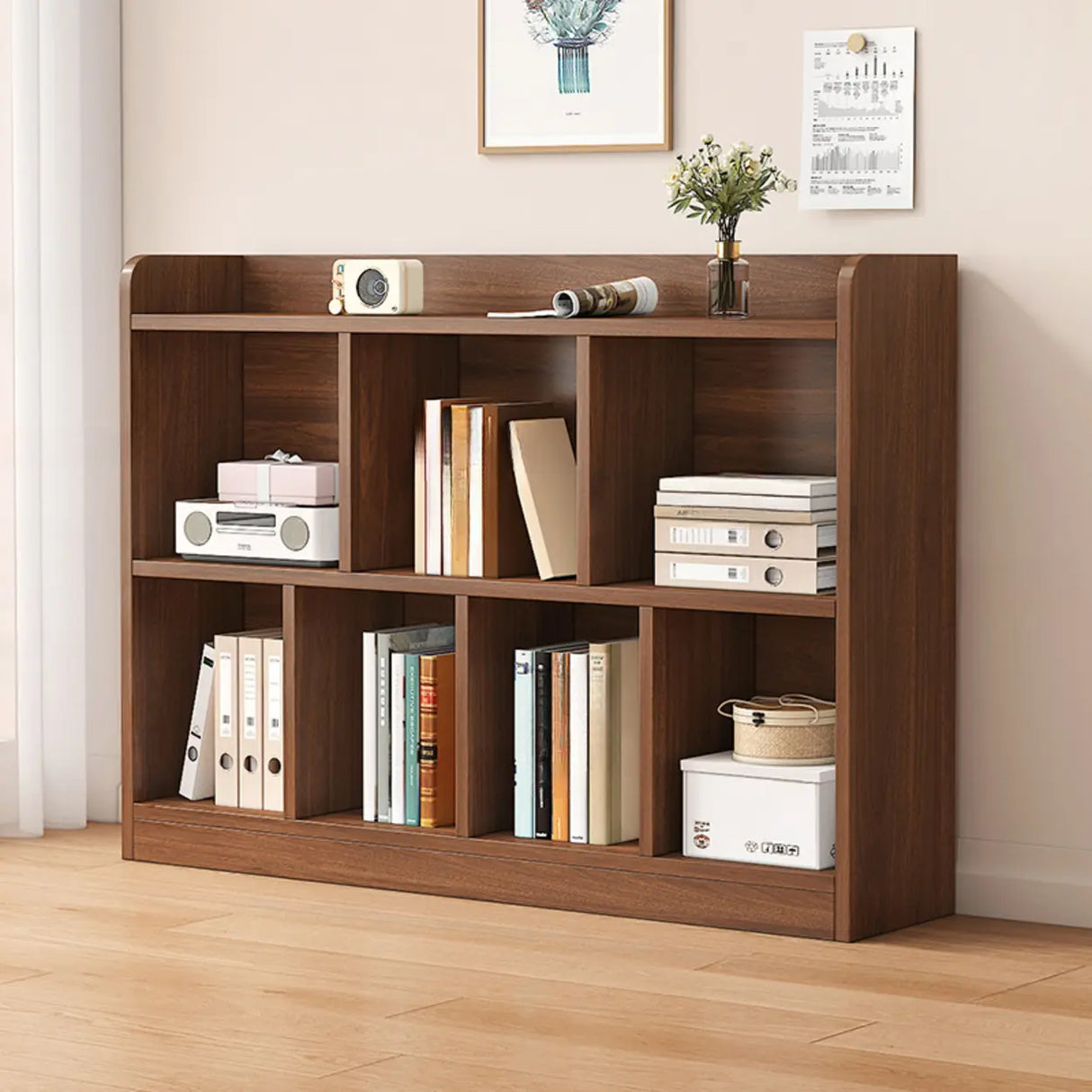 Simple Brown Horizontal Wood Organizing Short Bookcase Image - 5