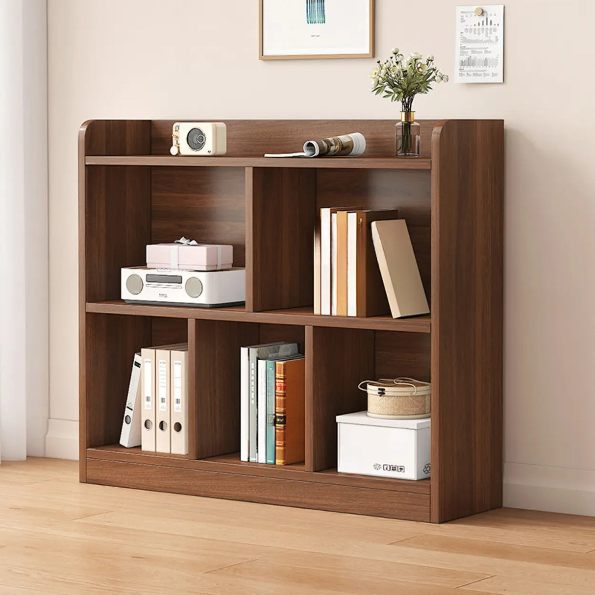 Simple Brown Horizontal Wood Organizing Short Bookcase Image - 7
