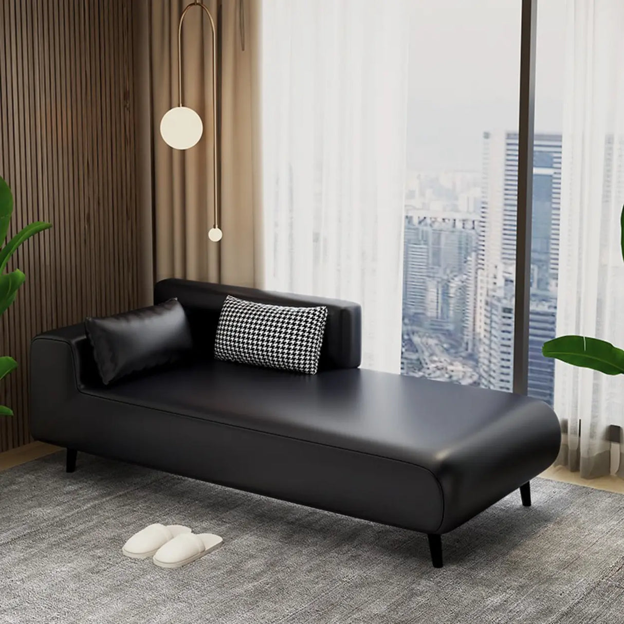 Simple Brown Rectangular Leather Solid Color Chaise Lounge Image - 13