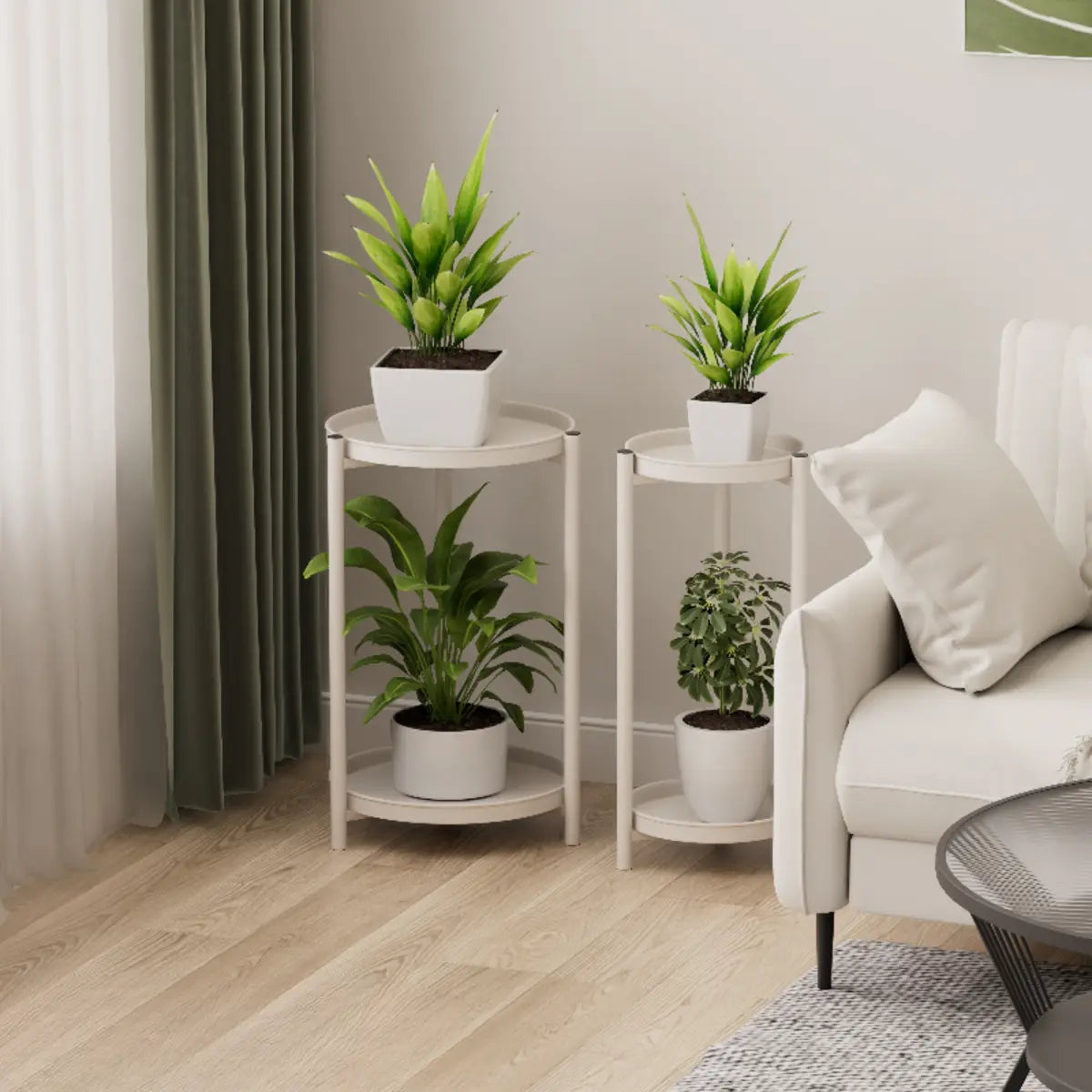 Simple Circular 2 Tiers Metal Plant Stand Indoor White Image - 3