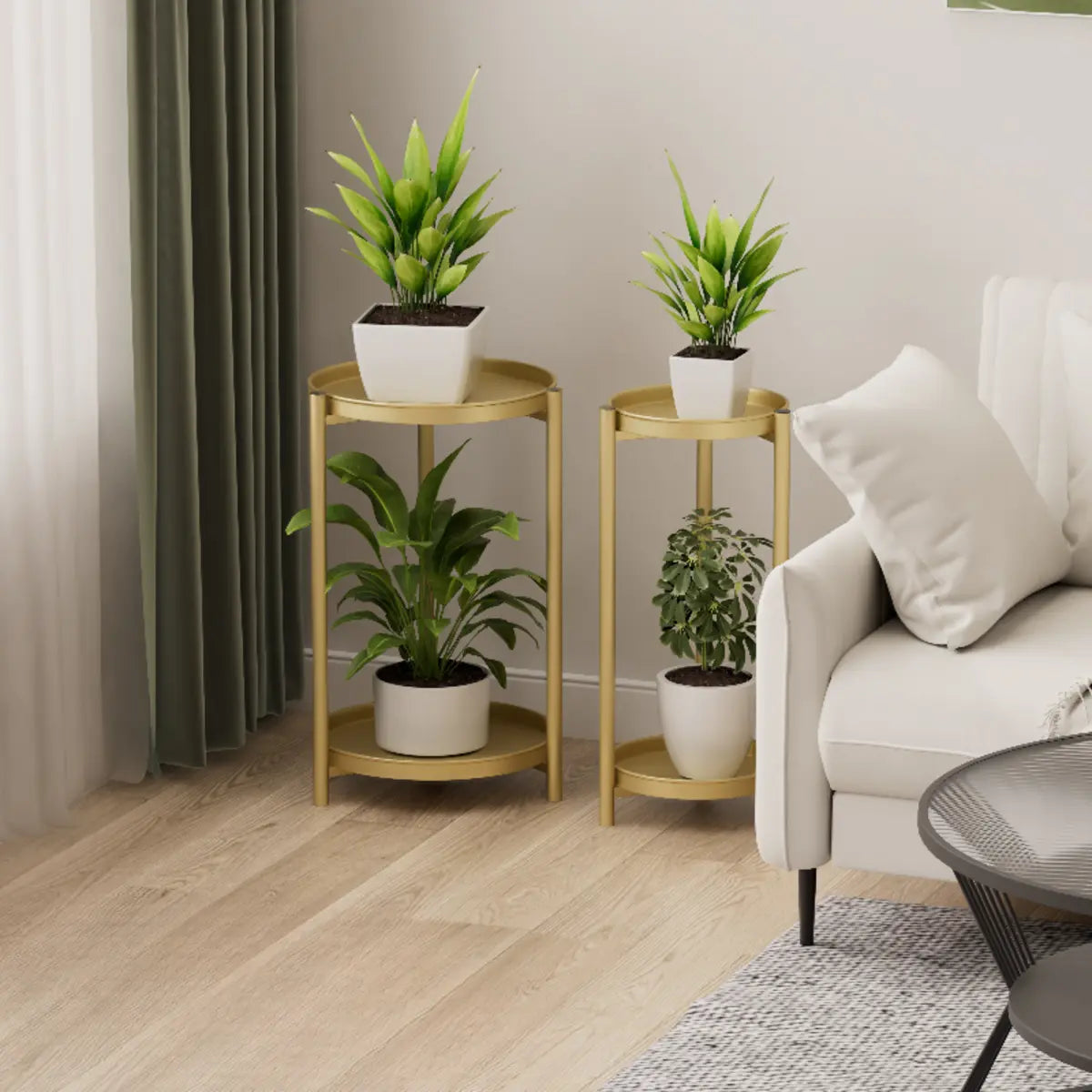 Simple Circular 2 Tiers Metal Plant Stand Indoor White Image - 6