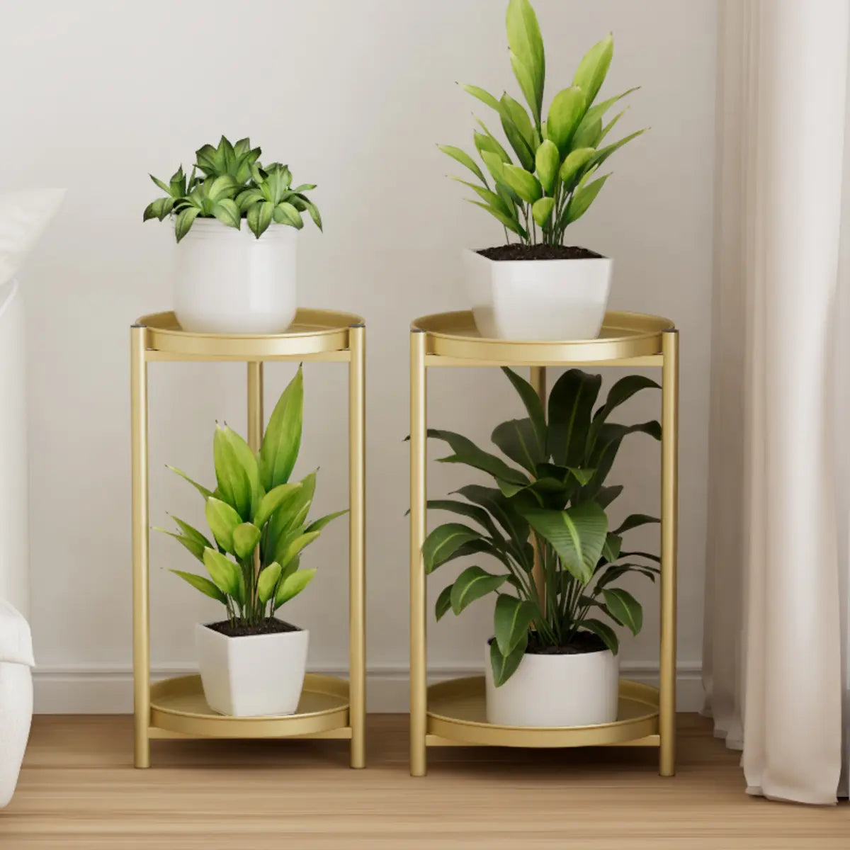 Simple Circular 2 Tiers Metal Plant Stand Indoor White Image - 8
