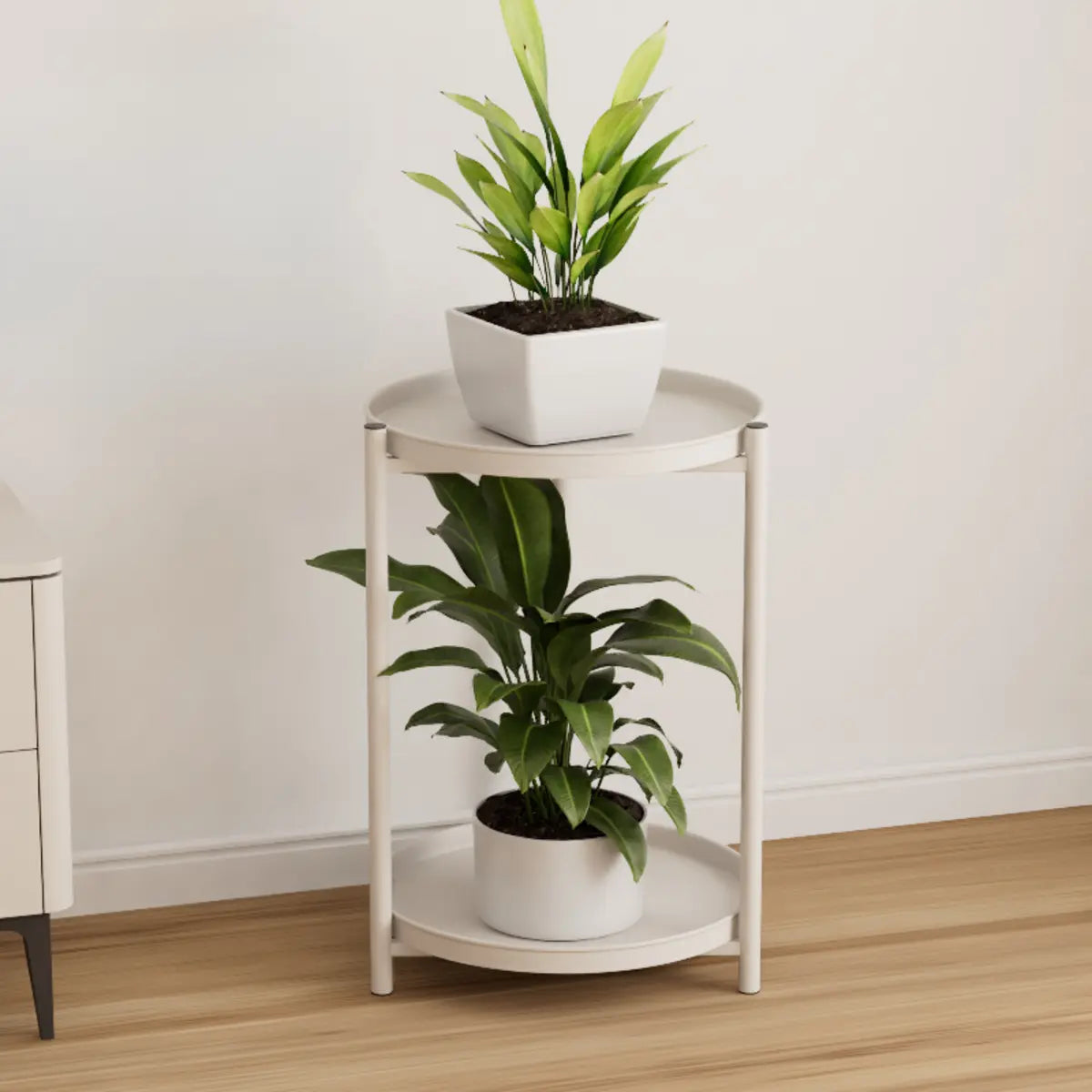 Simple Circular 2 Tiers Metal Plant Stand Indoor White Image - 9