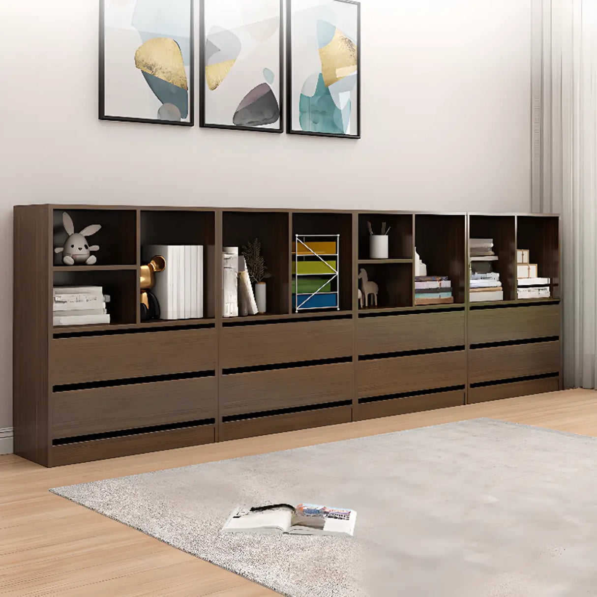 Simple Closed Back Wooden Rectangle Wide Bookcases Image - 6