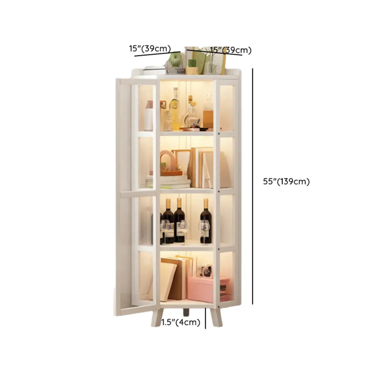 Simple Corner Glass Door White Narrow Display Bookcase Image - 12