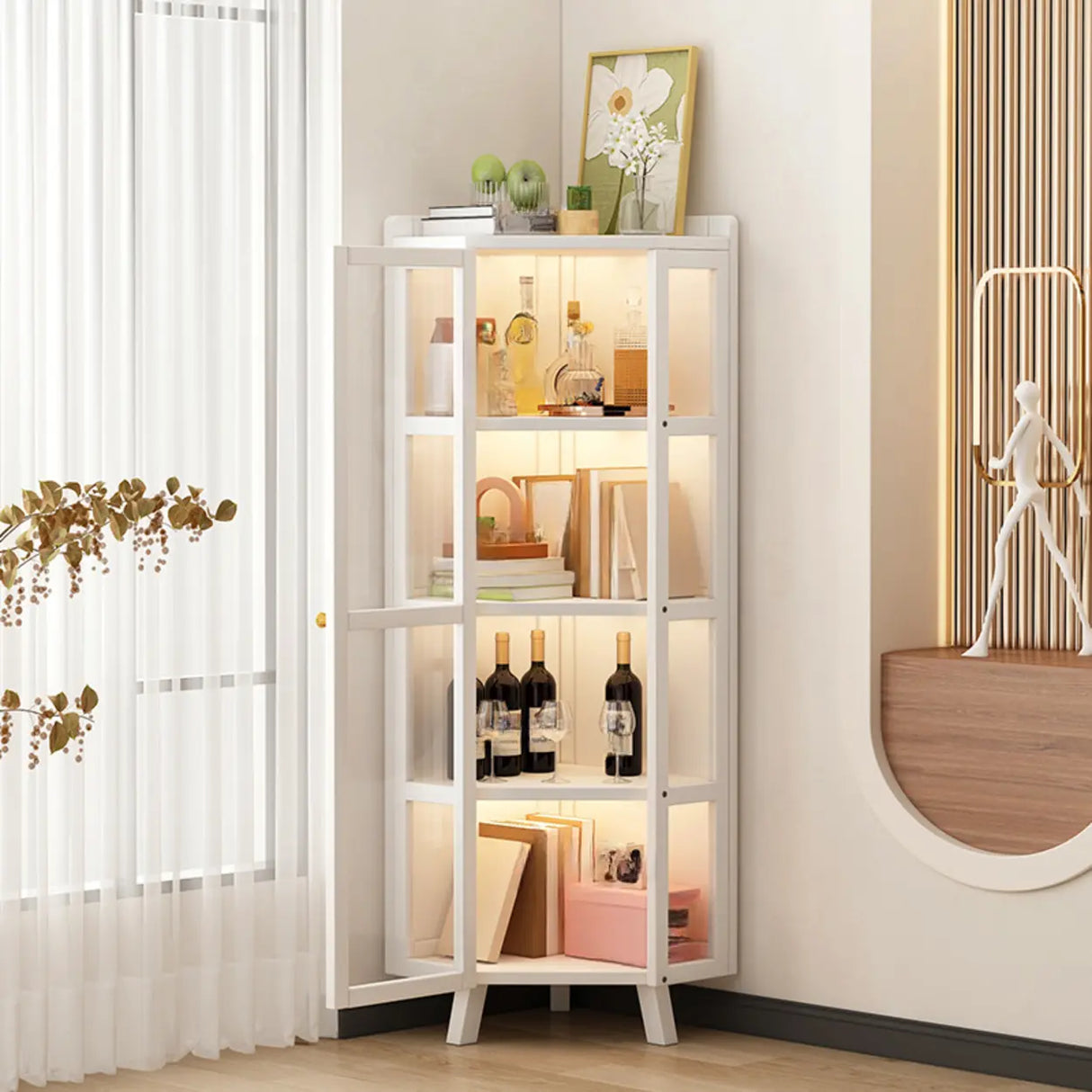 Simple Corner Glass Door White Narrow Display Bookcase Image - 1